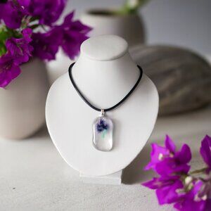 Fun bright blue purple artisan made abstract flower fused glass pendant necklace